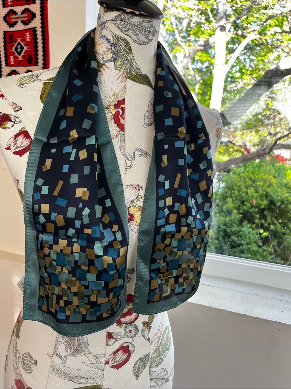 Silky Geometric Print Scarf in Teal, Gold & Black